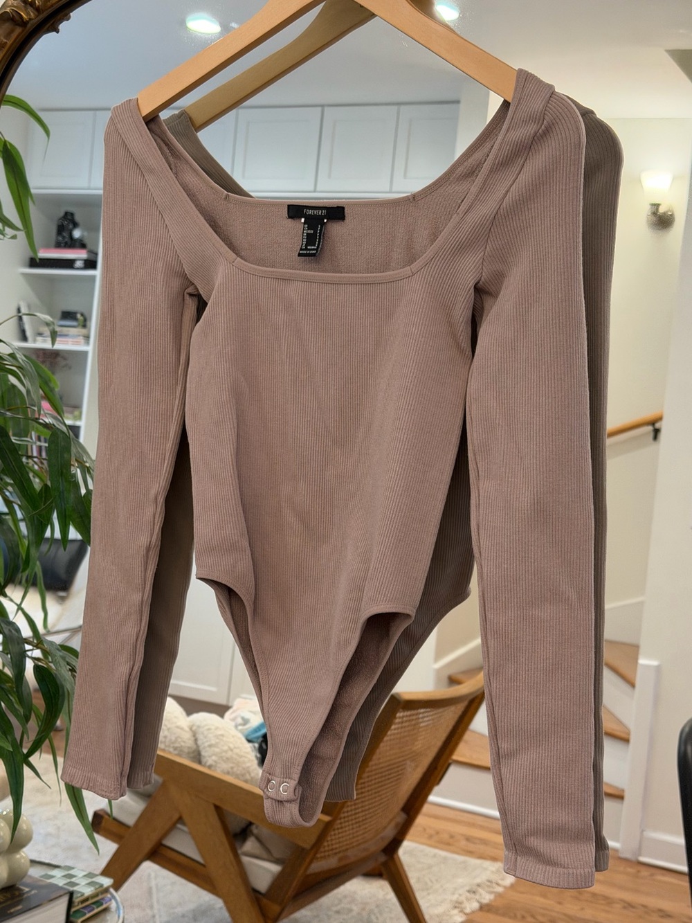 Forever 21 Beige Ribbed Square-Neck Bodysuit - Long Sleeve